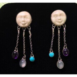Carved Moon Face Sajen Dangle 925 Earrings Amethyst Turquoise & Moonstone